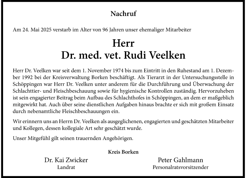  Traueranzeige für Dr. med. vet. Rudi Veelken vom 07.06.2025 aus 