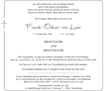 Anzeige von Frank-Oskar von Laer 
