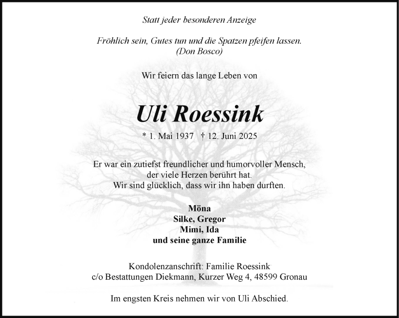  Traueranzeige für Uli Roessink vom 21.06.2025 aus 