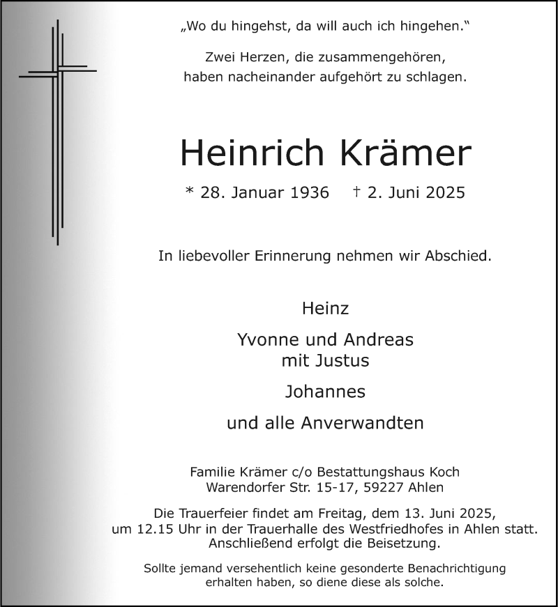  Traueranzeige für Heinrich Krämer vom 07.06.2025 aus 