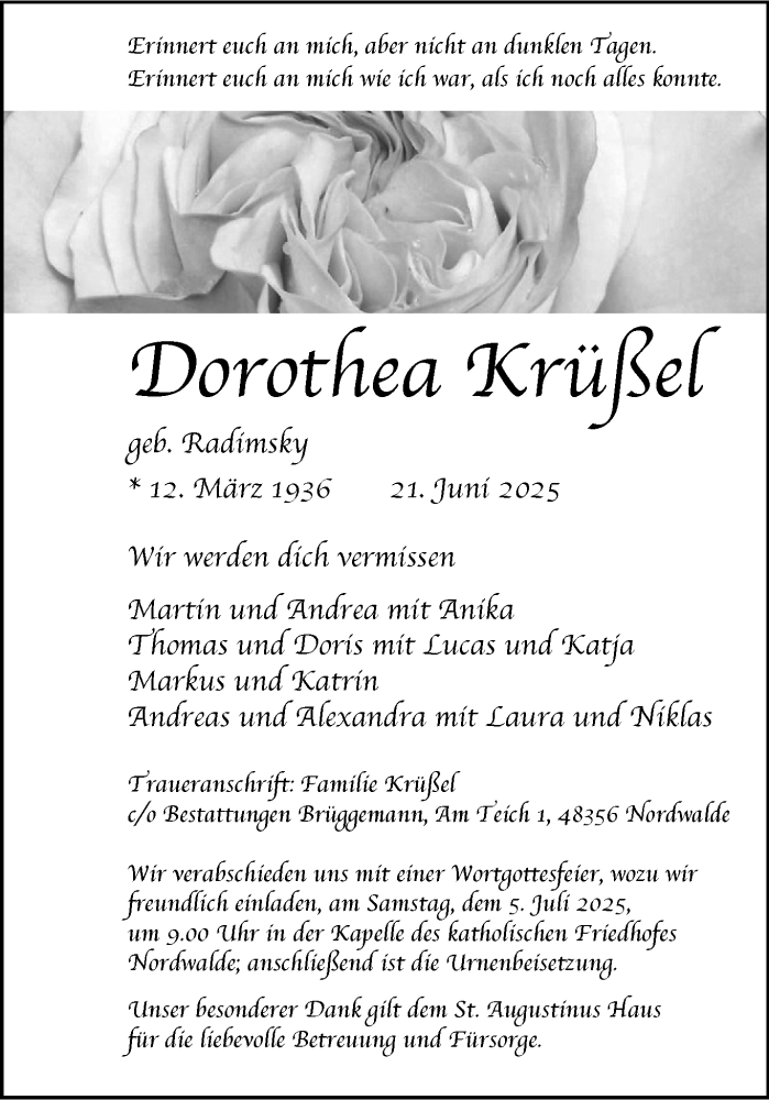  Traueranzeige für Dorothea Krüßel vom 28.06.2025 aus 