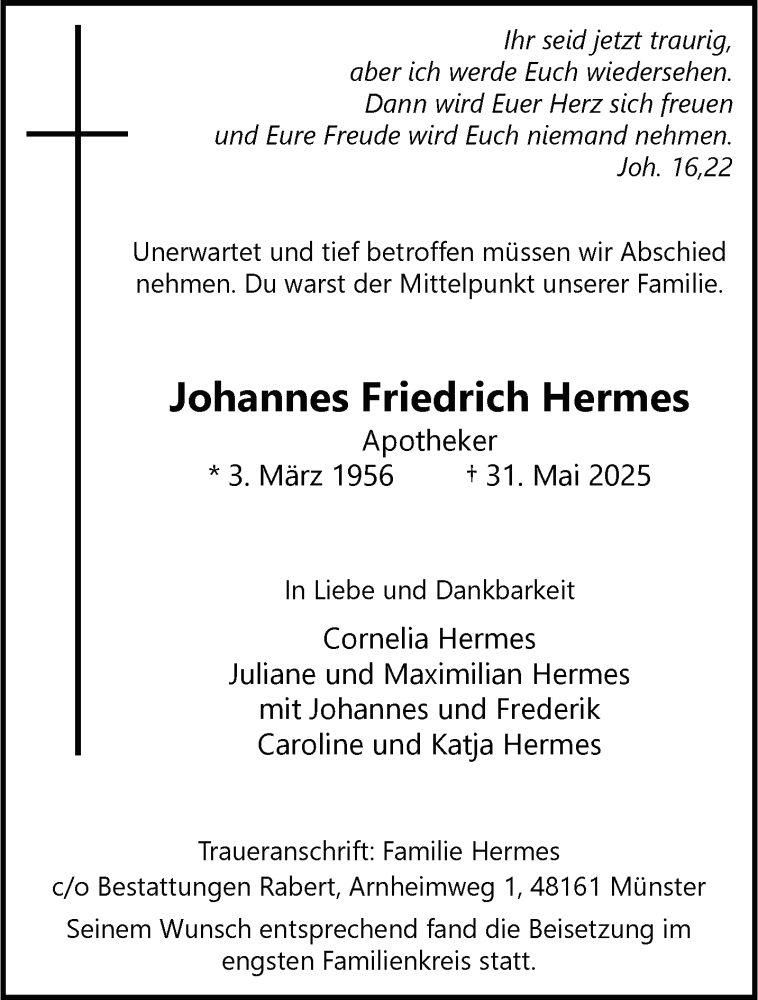  Traueranzeige für Johannes Friedrich Hermes vom 14.06.2025 aus 