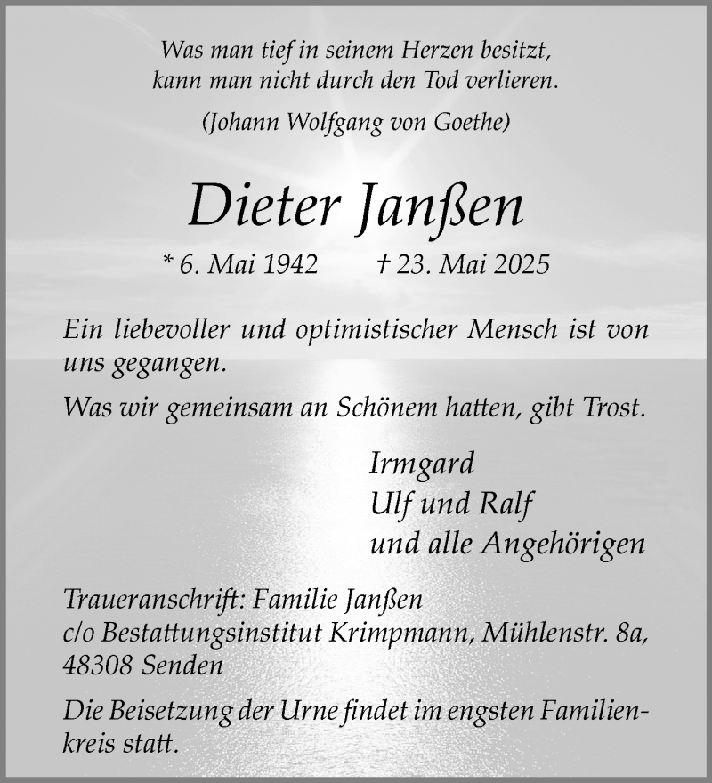  Traueranzeige für Dieter Janßen vom 07.06.2025 aus 