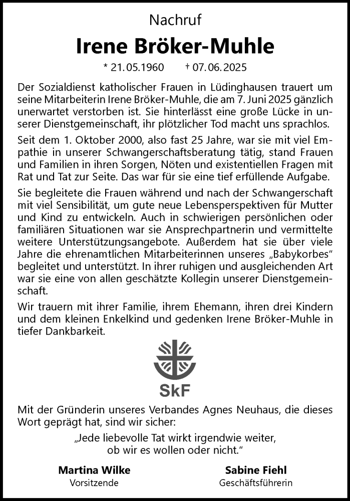  Traueranzeige für Irene Bröker-Muhle vom 14.06.2025 aus 