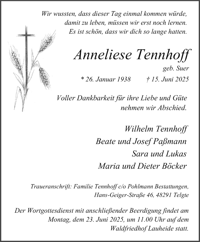  Traueranzeige für Anneliese Tennhoff vom 21.06.2025 aus 