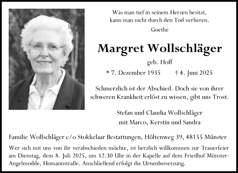  Traueranzeige für Margret Wollschläger vom 28.06.2025 aus 