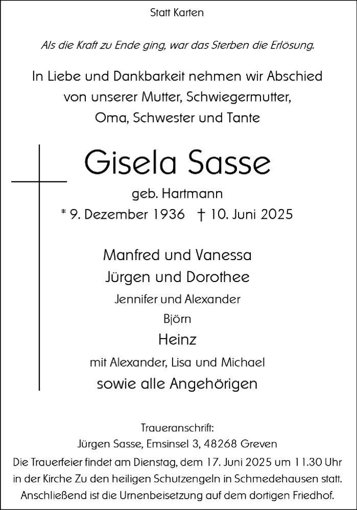  Traueranzeige für Gisela Sasse vom 14.06.2025 aus 