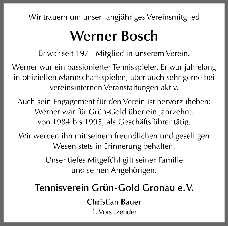  Traueranzeige für Werner Bosch vom 26.06.2025 aus 