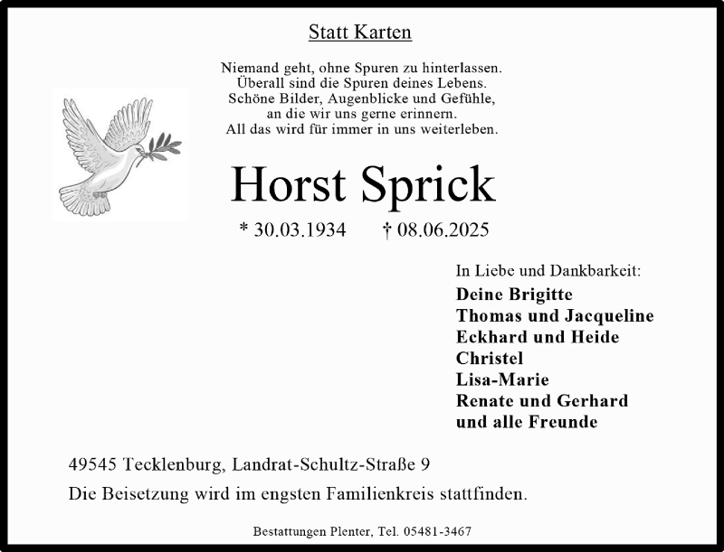  Traueranzeige für Horst Sprick vom 14.06.2025 aus 