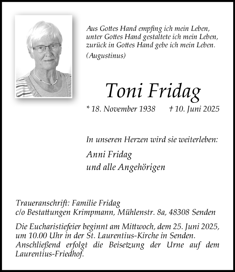  Traueranzeige für Toni Fridag vom 14.06.2025 aus 