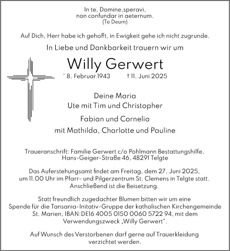  Traueranzeige für Willy Gerwert vom 21.06.2025 aus 