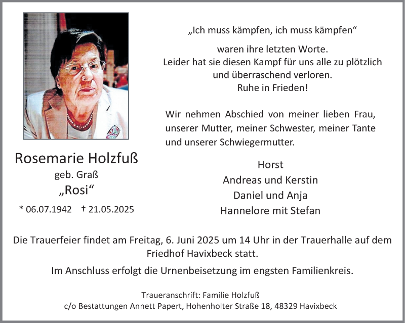  Traueranzeige für Rosemarie Holzfuß vom 31.05.2025 aus 