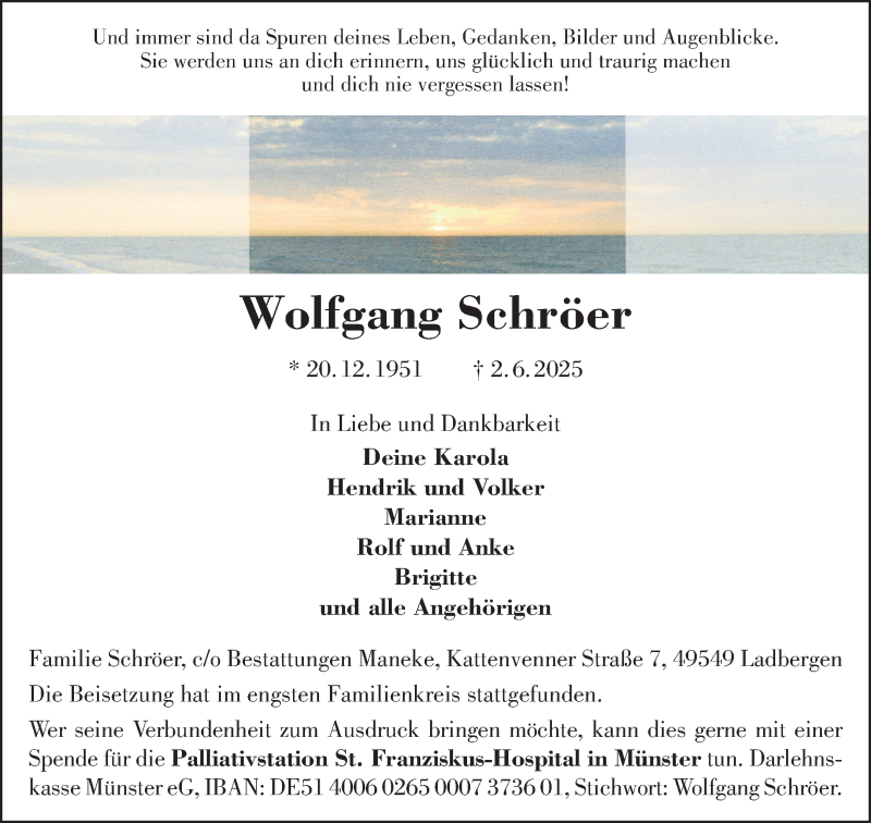  Traueranzeige für Wolfgang Schröer vom 07.06.2025 aus 