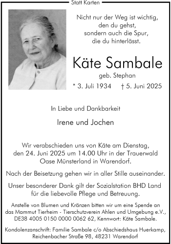 Anzeige von Käte Sambale 