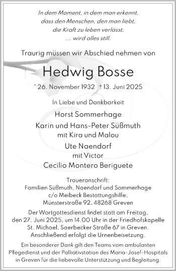Anzeige von Hedwig Bosse 