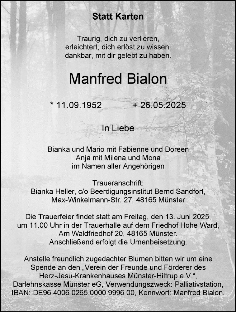  Traueranzeige für Manfred Bialon vom 07.06.2025 aus 
