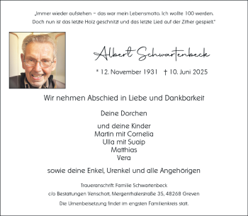 Anzeige von Albert Schwartenbeck 