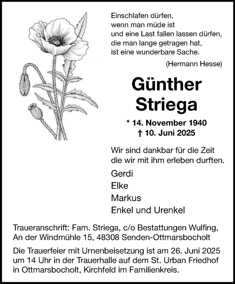  Traueranzeige für Günther Striega vom 21.06.2025 aus 