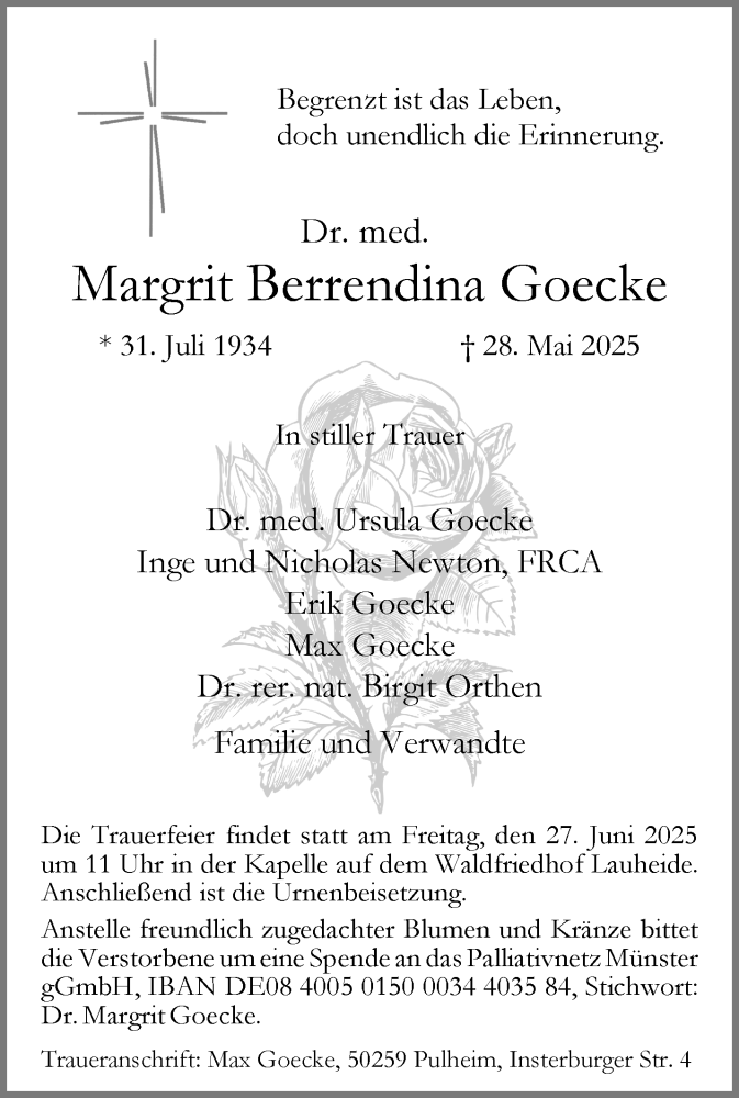  Traueranzeige für Margrit Berrendina Goecke vom 14.06.2025 aus 