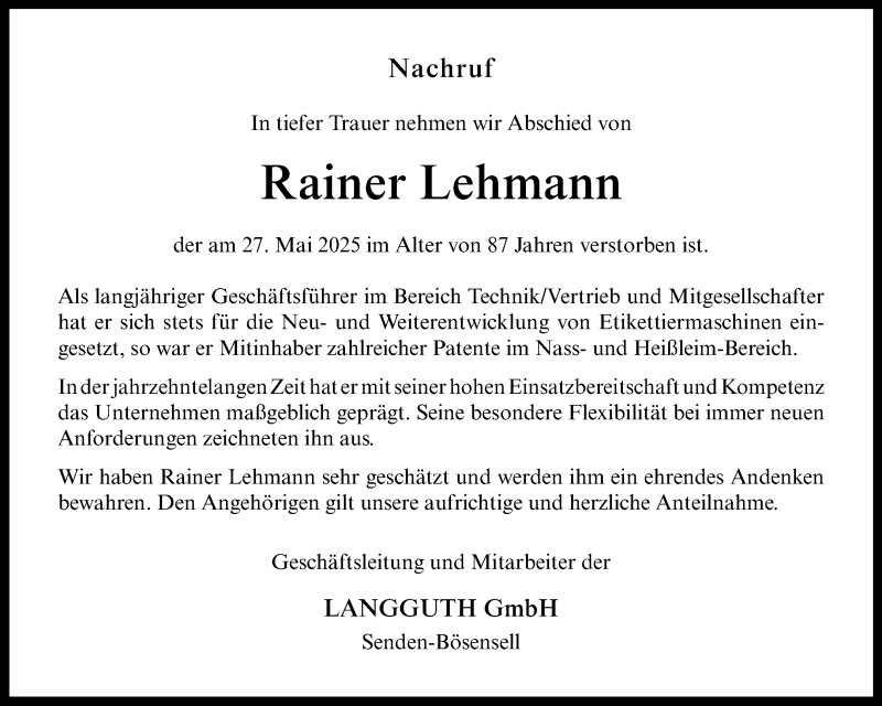  Traueranzeige für Rainer Lehmann vom 07.06.2025 aus 