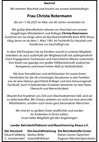 Anzeige von Christa Rotermann 