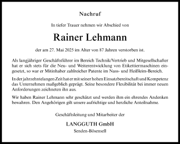Anzeige von Rainer Lehmann 