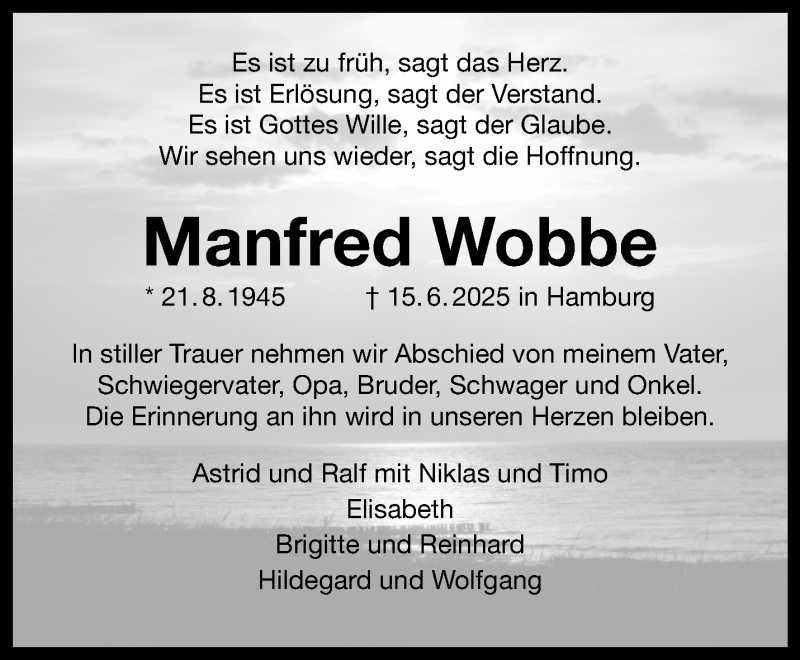  Traueranzeige für Manfred Wobbe vom 21.06.2025 aus 