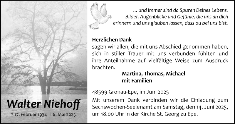  Traueranzeige für Walter Niehoff vom 07.06.2025 aus 