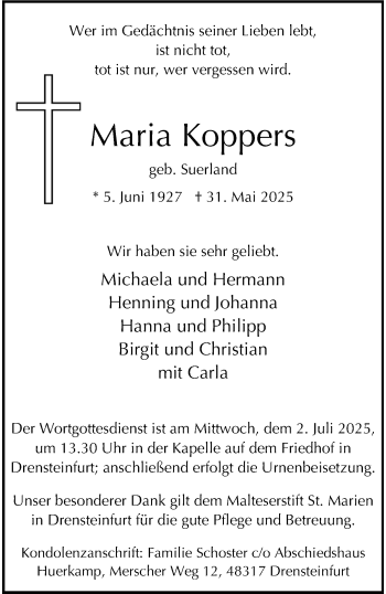 Anzeige von Maria Koppers 
