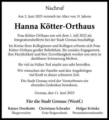 Anzeige von Hanna Kötter-Orthaus 