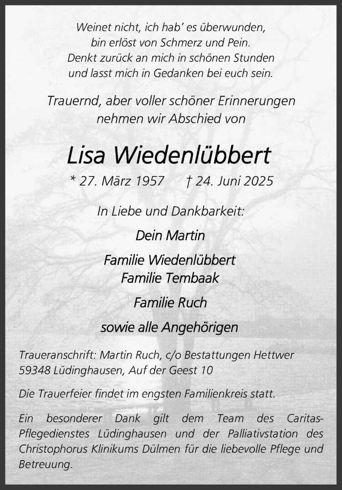  Traueranzeige für Lisa Wiedenlübbert vom 28.06.2025 aus 