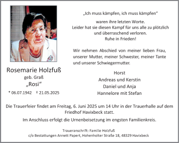 Anzeige von Rosemarie Holzfuß 