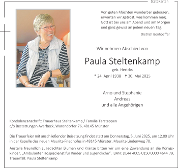 Anzeige von Paula Steltenkamp 