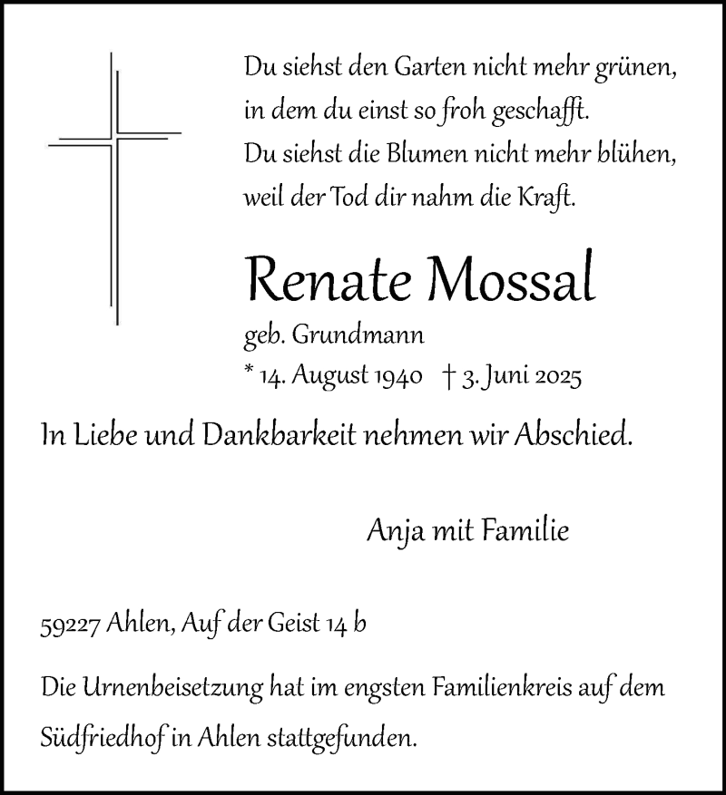  Traueranzeige für Renate Mossal vom 14.06.2025 aus 