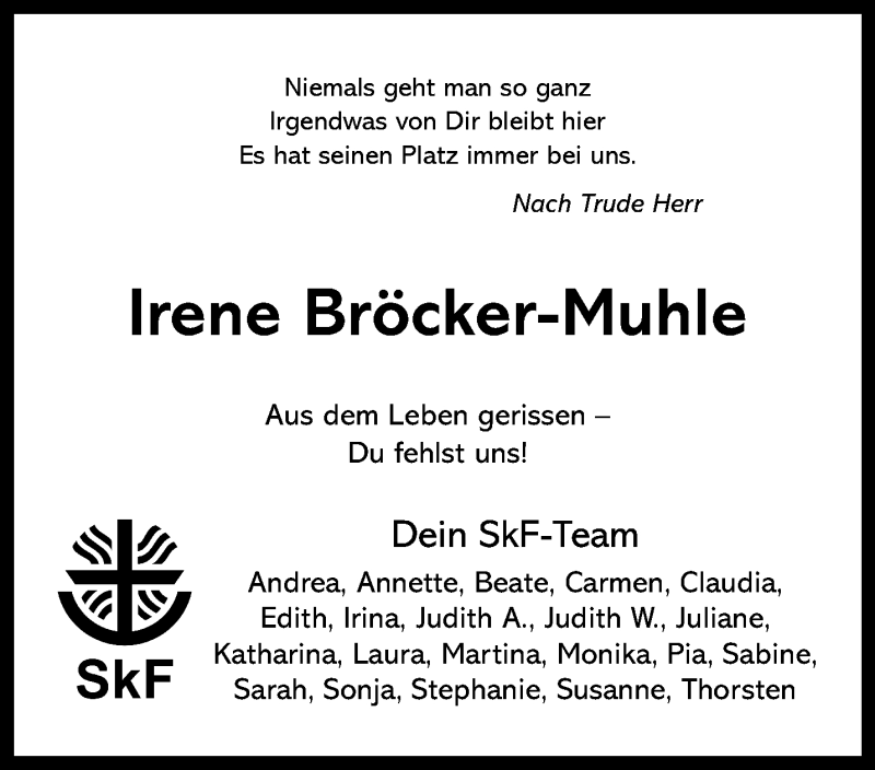  Traueranzeige für Irene Bröcker-Muhle vom 14.06.2025 aus 