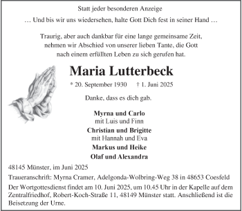 Anzeige von Maria Lutterbeck 