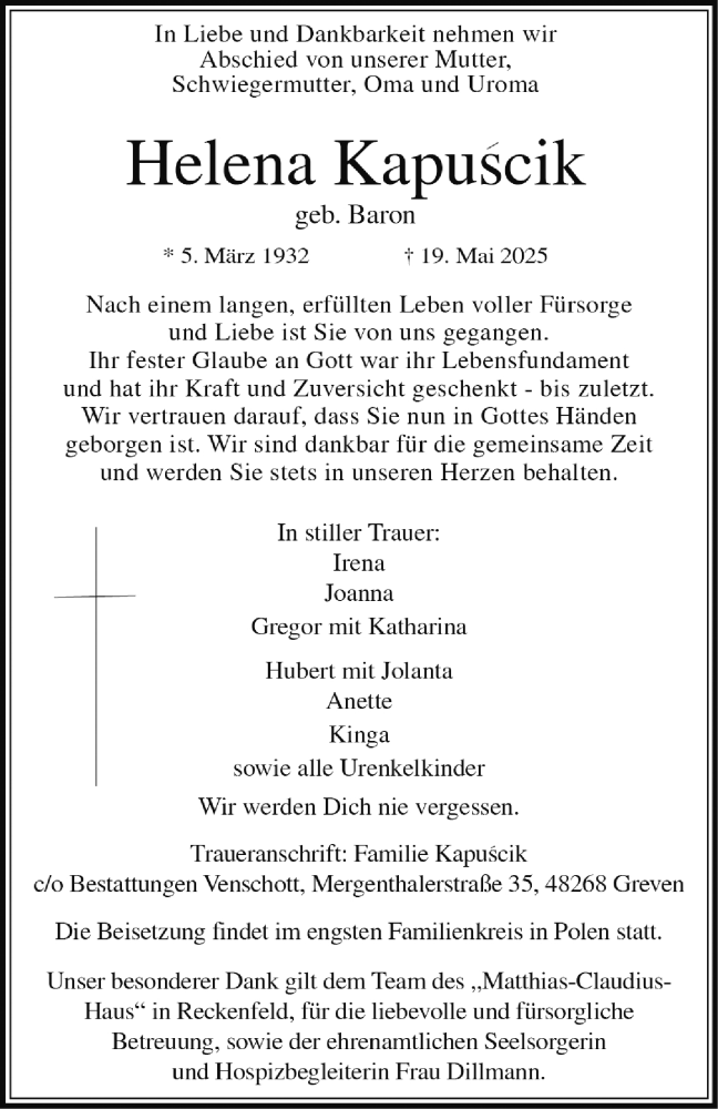  Traueranzeige für Helena Kapuścik vom 07.06.2025 aus 