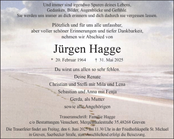 Anzeige von Jürgen Hagge 