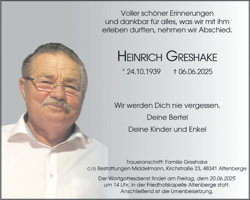  Traueranzeige für Heinrich Greshake vom 14.06.2025 aus 