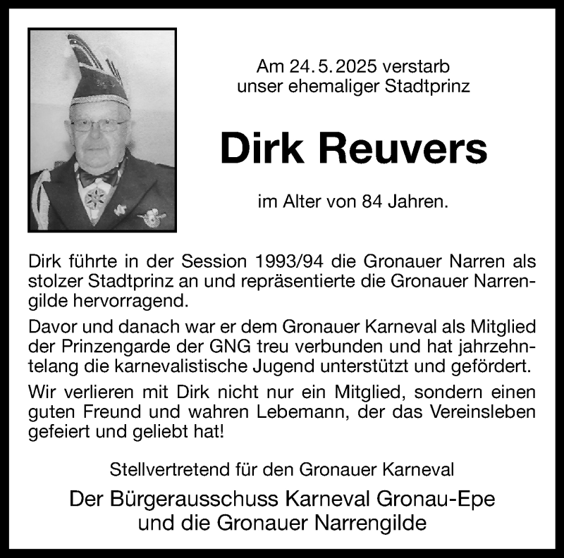  Traueranzeige für Dirk Reuvers vom 16.06.2025 aus 