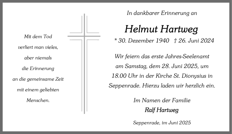  Traueranzeige für Helmut Hartweg vom 26.06.2025 aus 