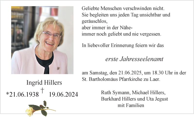  Traueranzeige für Ingrid Hillers vom 14.06.2025 aus 