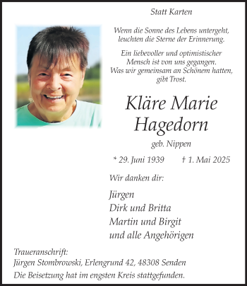 Anzeige von Kläre Marie Hagedorn 
