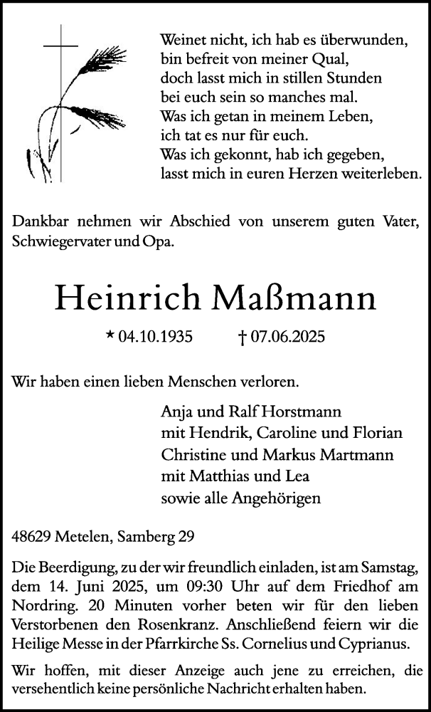  Traueranzeige für Heinrich Maßmann vom 12.06.2025 aus 