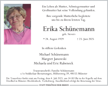 Anzeige von Erika Schünemann 