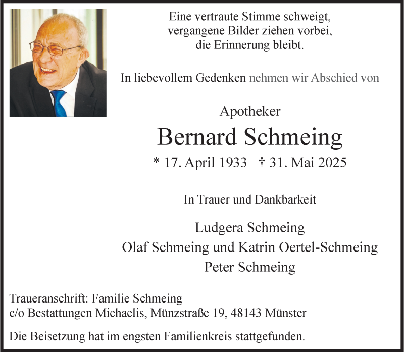  Traueranzeige für Bernard Schmeing vom 14.06.2025 aus 