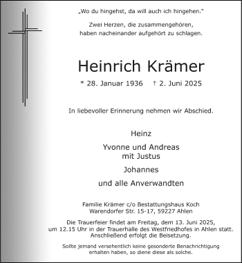 Anzeige von Heinrich Krämer 