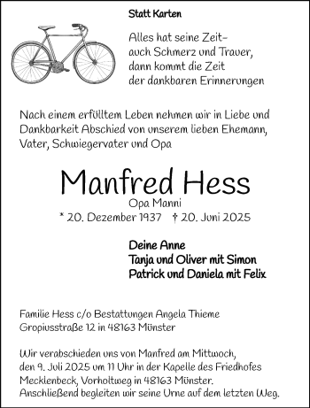 Anzeige von Manfred Hess 