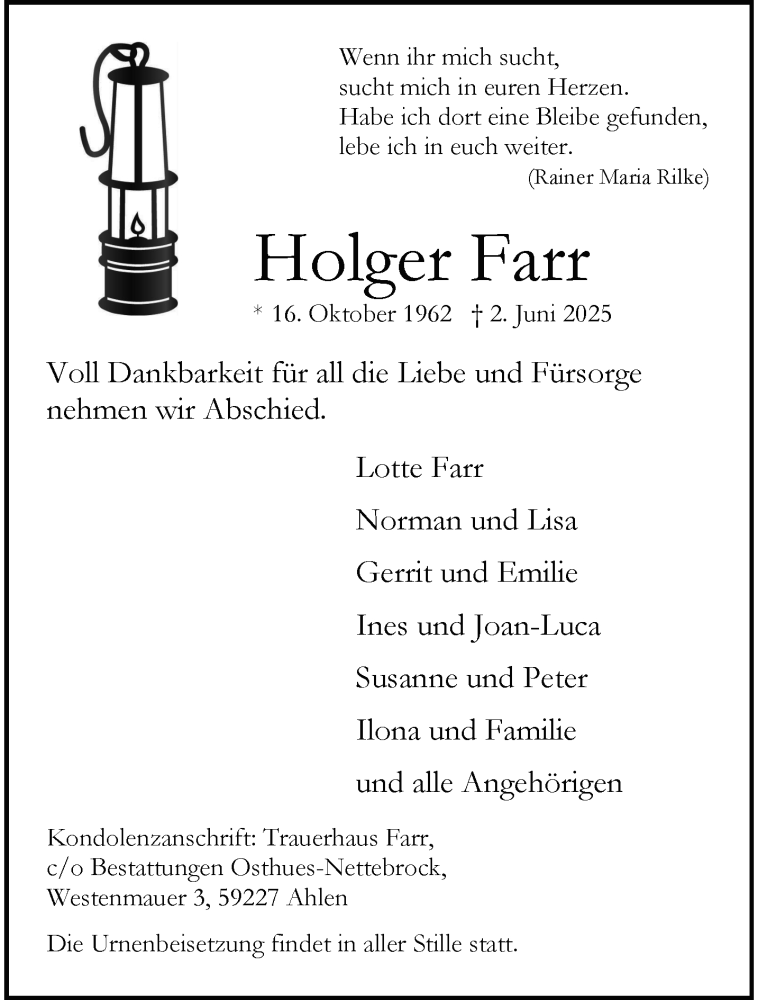  Traueranzeige für Holger Farr vom 07.06.2025 aus 