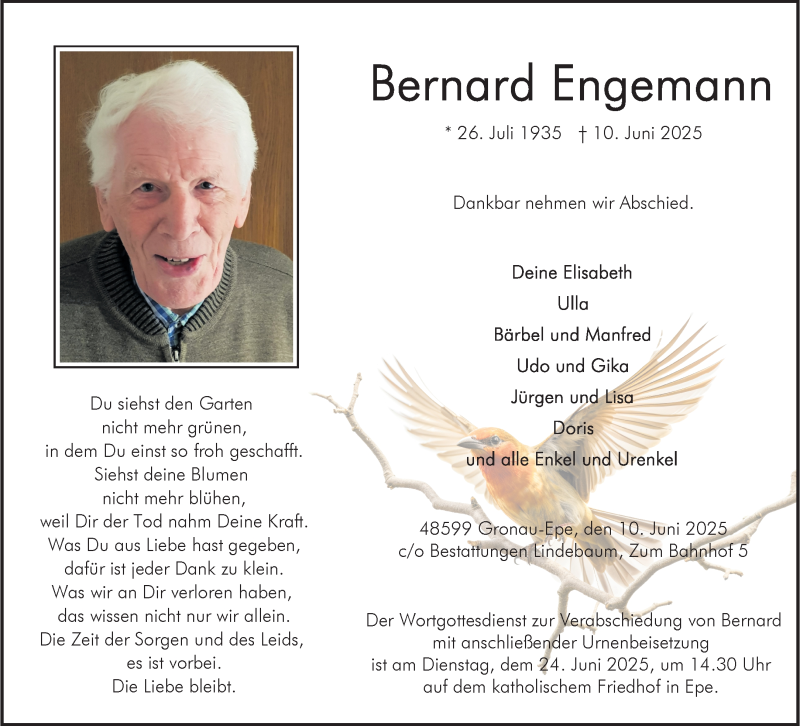  Traueranzeige für Bernard Engemann vom 18.06.2025 aus 